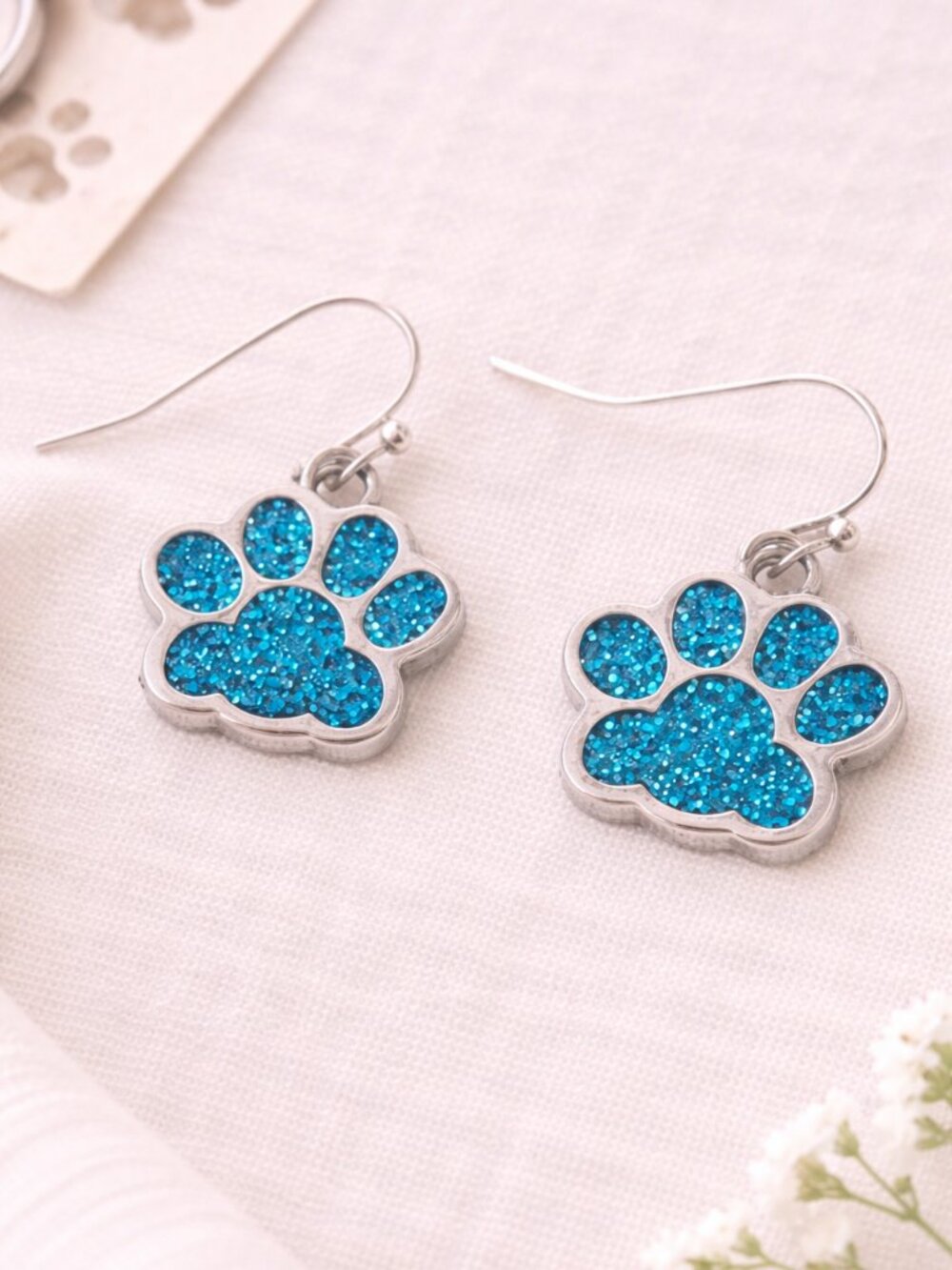 Blue Glitter Paw Print Dangle Earrings Pet Lover Jewelry
